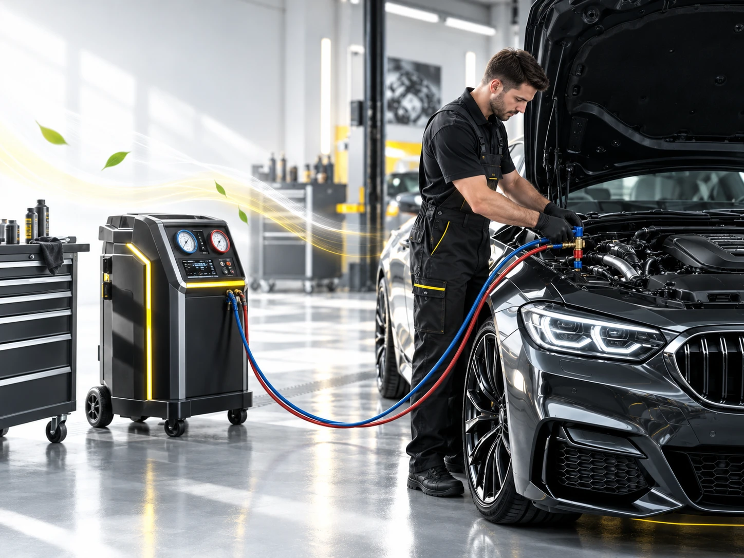 Technik pripája servisnú stanicu klimatizácie k vozidlu